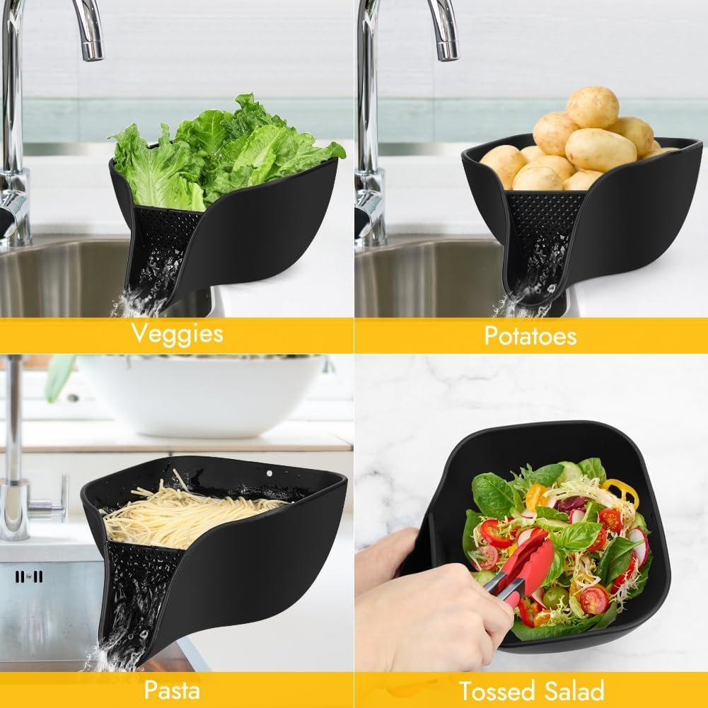 Multifunctional Drain Basket, 4.6 QT Large Silicone Food Pasta Drainer with Spout for 3-5 QT, Kitchen Sink Colanders & Food Strainers Bowl for Washing Fruits, Vegetables and More(Black) - Image 2