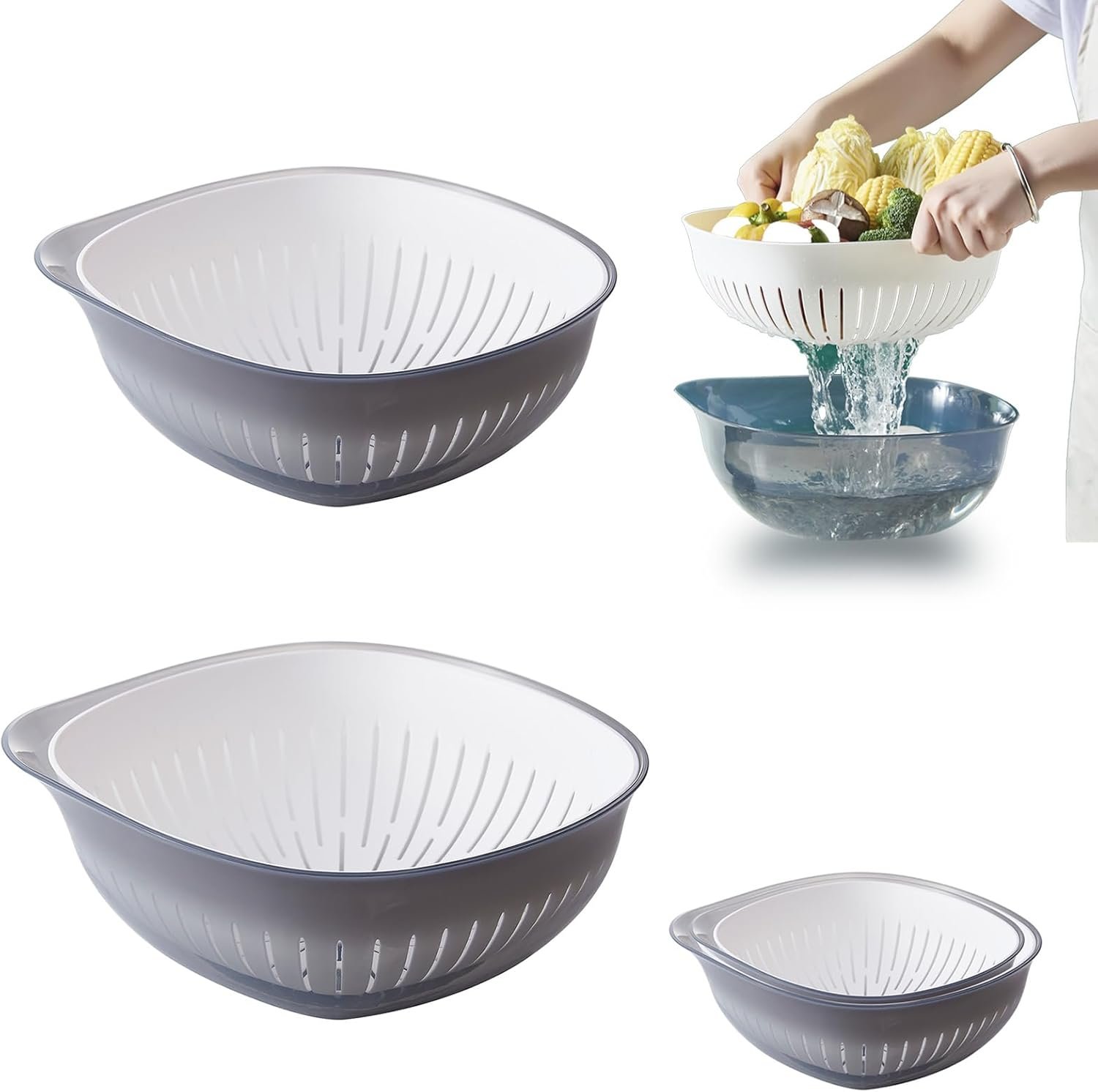 Colander Bowl Set of 2, Nesting Large Capacity Plastic Food Strainer for Pasta, Vegetables and Fruits Washing Draining Basket, Space Saving, BPA Free (Grey)