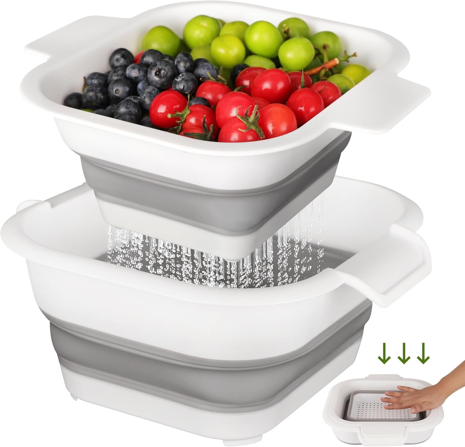 Collapsible Colander Set with Strainer Bowl, 2 in 1 Fruit Washing Basket with Strainer, 5 + 3 QT Plastic Colander for Kitchen, Foldable Double Layered Colander Bowl for Berry, Vegetable, Grey & White