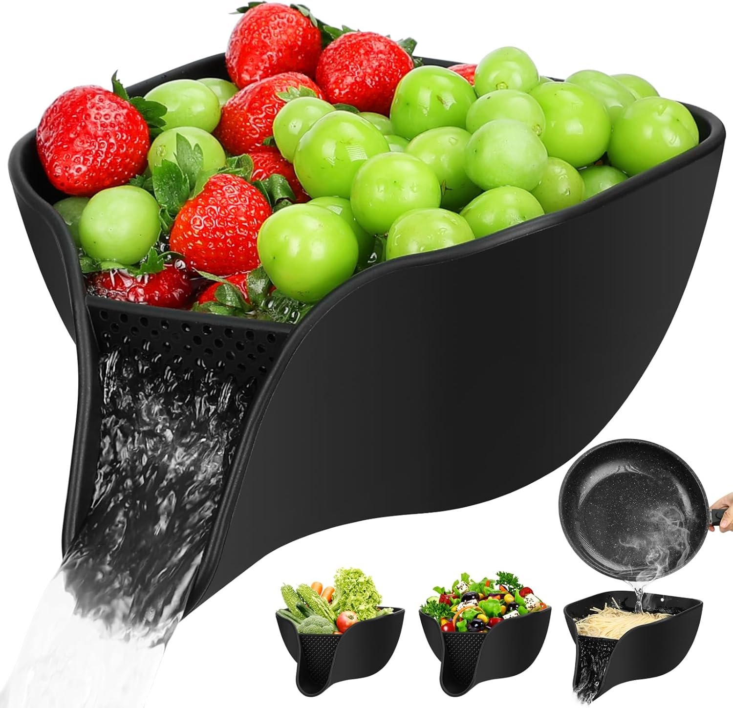Multifunctional Drain Basket, 4.6 QT Large Silicone Food Pasta Drainer with Spout for 3-5 QT, Kitchen Sink Colanders & Food Strainers Bowl for Washing Fruits, Vegetables and More(Black)