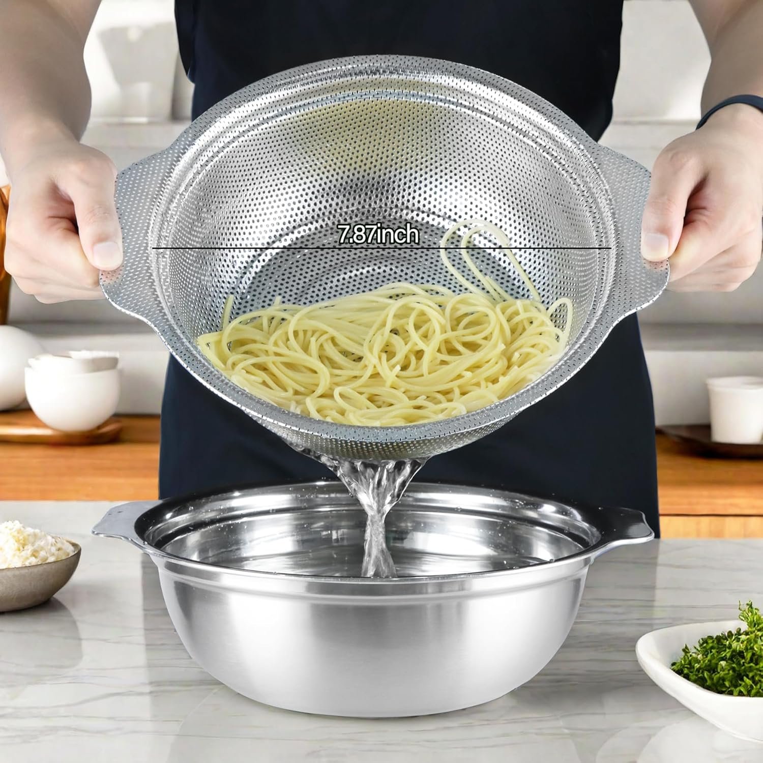 Stainless Steel Colander for Kitchen, 3QT Rice Washer Strainer with Mixing Bowl, Colander Bowl Set with Microporous for Washing Rice, Pasta, Spaghetti, Fruits, Dishwasher Safe(2PC) - Image 2