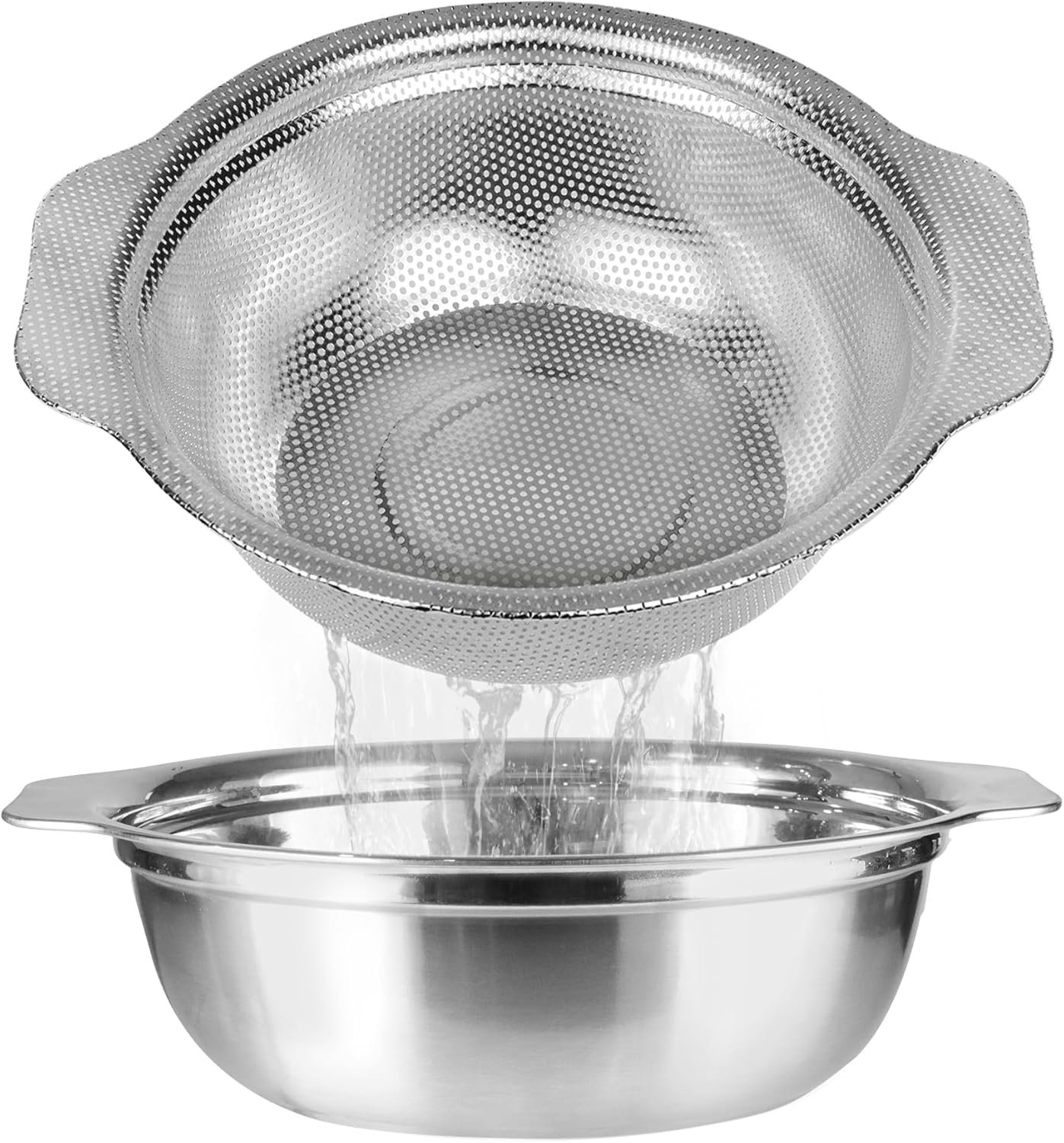 Stainless Steel Colander for Kitchen, 3QT Rice Washer Strainer with Mixing Bowl, Colander Bowl Set with Microporous for Washing Rice, Pasta, Spaghetti, Fruits, Dishwasher Safe(2PC)